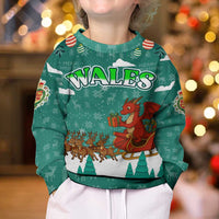Wales Christmas Kid Ugly Christmas Sweater with Red Dragon Santa Sleigh and Festive Green Snowflake - Wonder Print Shop