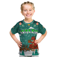 Wales Christmas Kid T Shirt with Red Dragon Santa Sleigh and Festive Green Snowflake - Wonder Print Shop