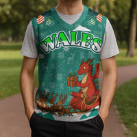 Wales Christmas Knitted V-Neck Vest with Red Dragon Santa Sleigh and Festive Green Snowflake - Wonder Print Shop