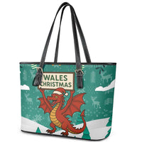 Wales Christmas Leather Tote Bag with Red Dragon Santa Sleigh and Festive Green Snowflake - Wonder Print Shop