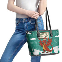 Wales Christmas Leather Tote Bag with Red Dragon Santa Sleigh and Festive Green Snowflake - Wonder Print Shop