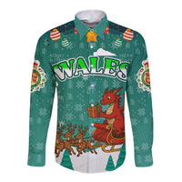 Wales Christmas Long Sleeve Button Shirt with Red Dragon Santa Sleigh and Festive Green Snowflake - Wonder Print Shop
