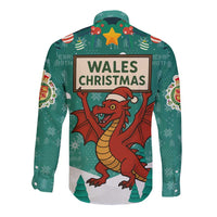 Wales Christmas Long Sleeve Button Shirt with Red Dragon Santa Sleigh and Festive Green Snowflake - Wonder Print Shop