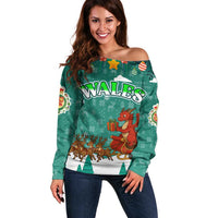 Wales Christmas Off Shoulder Sweater with Red Dragon Santa Sleigh and Festive Green Snowflake - Wonder Print Shop