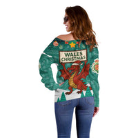Wales Christmas Off Shoulder Sweater with Red Dragon Santa Sleigh and Festive Green Snowflake - Wonder Print Shop