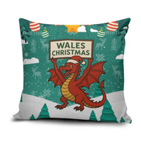 Wales Christmas Pillow Cover with Red Dragon Santa Sleigh and Festive Green Snowflake - Wonder Print Shop