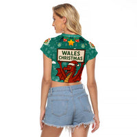 Wales Christmas Raglan Cropped T Shirt with Red Dragon Santa Sleigh and Festive Green Snowflake - Wonder Print Shop