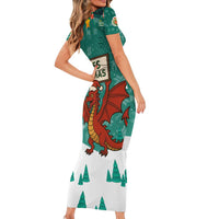 Wales Christmas Short Sleeve Bodycon Dress with Red Dragon Santa Sleigh and Festive Green Snowflake - Wonder Print Shop