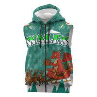 Wales Christmas Sleeveless Zip Hoodie with Red Dragon Santa Sleigh and Festive Green Snowflake - Wonder Print Shop