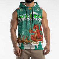 Wales Christmas Sleeveless Zip Hoodie with Red Dragon Santa Sleigh and Festive Green Snowflake - Wonder Print Shop