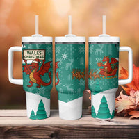 Wales Christmas Tumbler With Handle with Red Dragon Santa Sleigh and Festive Green Snowflake - Wonder Print Shop