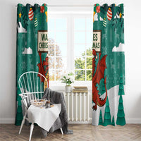 Wales Christmas Window Curtain with Red Dragon Santa Sleigh and Festive Green Snowflake - Wonder Print Shop