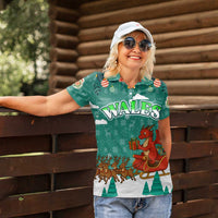 Wales Christmas Women Polo Shirt with Red Dragon Santa Sleigh and Festive Green Snowflake - Wonder Print Shop