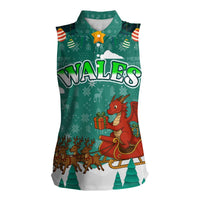 Wales Christmas Women Sleeveless Polo Shirt with Red Dragon Santa Sleigh and Festive Green Snowflake - Wonder Print Shop