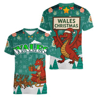 Wales Christmas Women V-Neck T-Shirt with Red Dragon Santa Sleigh and Festive Green Snowflake - Wonder Print Shop