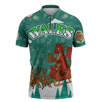 Wales Christmas Zipper Polo Shirt with Red Dragon Santa Sleigh and Festive Green Snowflake - Wonder Print Shop
