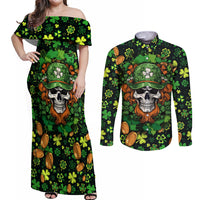 Happy St. Patrick's Day Skull Couples Matching Off Shoulder Maxi Dress and Long Sleeve Button Shirts - Wonder Print Shop