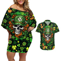 Happy St. Patrick's Day Skull Couples Matching Off Shoulder Short Dress and Hawaiian Shirt - Wonder Print Shop