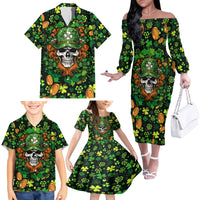 Happy St. Patrick's Day Skull Family Matching Off Shoulder Long Sleeve Dress and Hawaiian Shirt - Wonder Print Shop