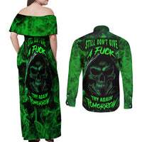 Skull Couples Matching Off Shoulder Maxi Dress and Long Sleeve Button Shirts Try Again Tomorrow - Wonder Print Shop