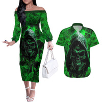 Skull Couples Matching Off The Shoulder Long Sleeve Dress and Hawaiian Shirt Try Again Tomorrow - Wonder Print Shop