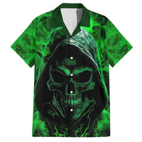 Black and green skull Hawaiian shirt with neon outline, short sleeves, button-front collar