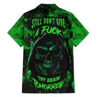 Black and green skull Hawaiian shirt with neon text, short sleeves, button-front collar