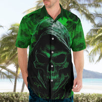 Black and green skull Hawaiian shirt on adult model, short sleeves, button-front collar