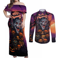 Halloween Skull Couples Matching Off Shoulder Maxi Dress and Long Sleeve Button Shirts Hello Darkness My Old Friend - Wonder Print Shop