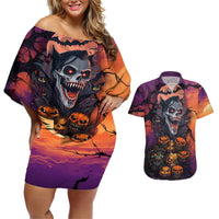 Halloween Skull Couples Matching Off Shoulder Short Dress and Hawaiian Shirt Hello Darkness My Old Friend - Wonder Print Shop