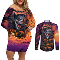 Halloween Skull Couples Matching Off Shoulder Short Dress and Long Sleeve Button Shirts Hello Darkness My Old Friend - Wonder Print Shop