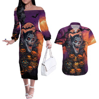 Halloween Skull Couples Matching Off The Shoulder Long Sleeve Dress and Hawaiian Shirt Hello Darkness My Old Friend - Wonder Print Shop