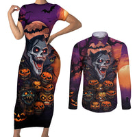 Halloween Skull Couples Matching Short Sleeve Bodycon Dress and Long Sleeve Button Shirts Hello Darkness My Old Friend - Wonder Print Shop