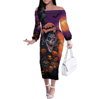 Halloween Skull Family Matching Off Shoulder Long Sleeve Dress and Hawaiian Shirt Hello Darkness My Old Friend - Wonder Print Shop