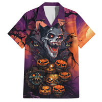 Halloween skull Hawaiian shirt, front view with dark purple-orange monster and pumpkin faces