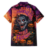 Halloween skull Hawaiian shirt, dark purple with orange pumpkin monster graphic, button-up