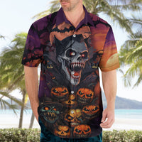 Halloween skull Hawaiian shirt on model, dark purple with orange pumpkin skull artwork