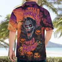Halloween skull Hawaiian shirt, back view with orange skull and “HELLO DARKNESS” graphic