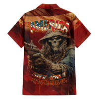 Red Hawaiian shirt back with AMERICA text, skull outlaw, and pistol graphic