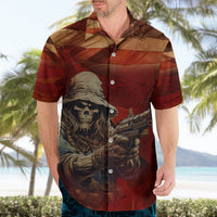 Red Hawaiian shirt, button-up with skull outlaw holding a pistol, short sleeves