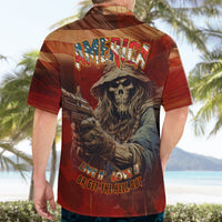 Red Hawaiian shirt back print with AMERICA text, skull cowboy, and live-it slogan