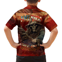 Boys' red Hawaiian shirt back with AMERICA text, skull outlaw, and live-it slogan