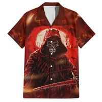 Red button-up Hawaiian shirt with skull-and-hood graphic and sword print