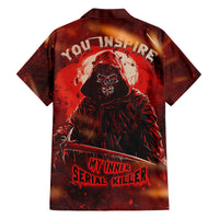 Red button-up Hawaiian shirt with skull-and-hood graphic on back