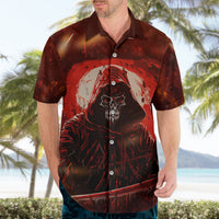 Red Hawaiian shirt with short sleeves, open collar, skull-and-hood front graphic
