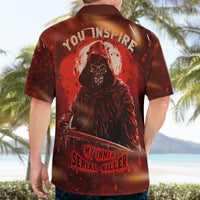 Red Hawaiian shirt with skull-and-hood back graphic and glowing text