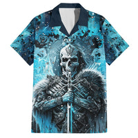 Short-sleeve Hawaiian shirt with blue skull front graphic and button-up collar