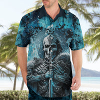 Short-sleeve Hawaiian shirt with teal-blue skull front graphic and button-up collar