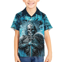 Kids' short-sleeve Hawaiian shirt with blue skull front graphic and button-up collar