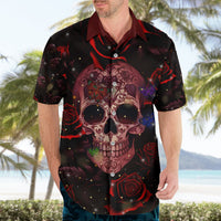 Black button-up Hawaiian shirt with red collar and neon skull rose print, short sleeves